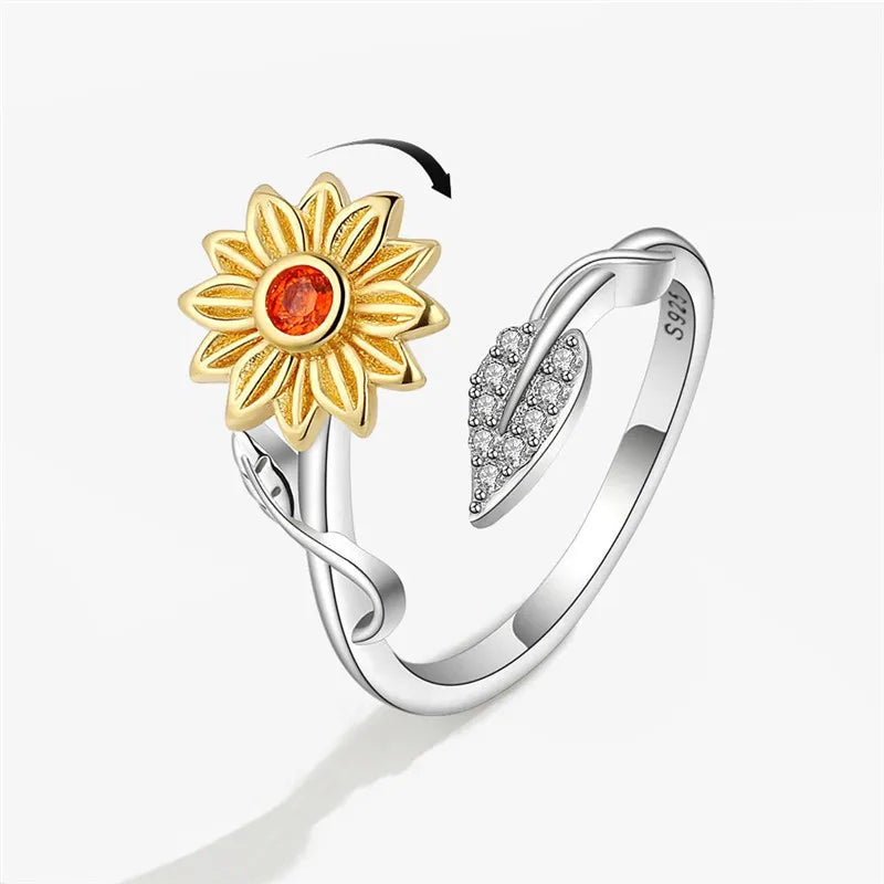 Sunflower Fidget Spinner Ring – Adjustable Crystal Flower Ring