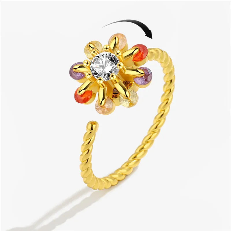Sunflower Fidget Spinner Ring – Adjustable Crystal Flower Ring