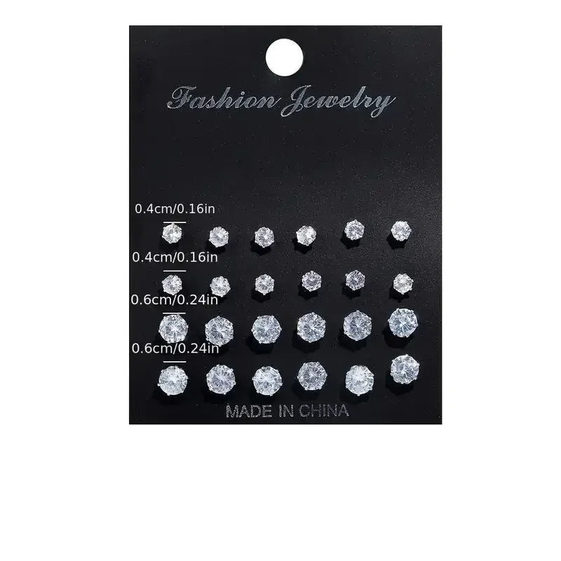 Zircon Stud Earring Set, 12 Pairs – A Dozen Little Sparkles for Every Day