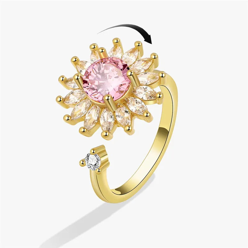 Sunflower Fidget Spinner Ring – Adjustable Crystal Flower Ring