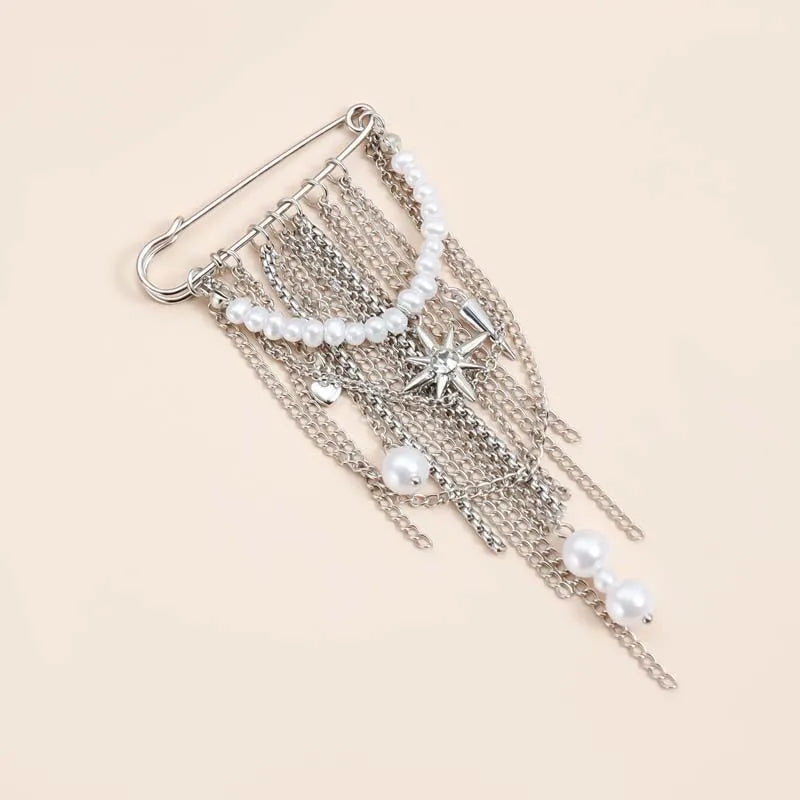 Silver-Tone Heart Tassel Brooch with Pearl & Star — A Sweet Little Treasure