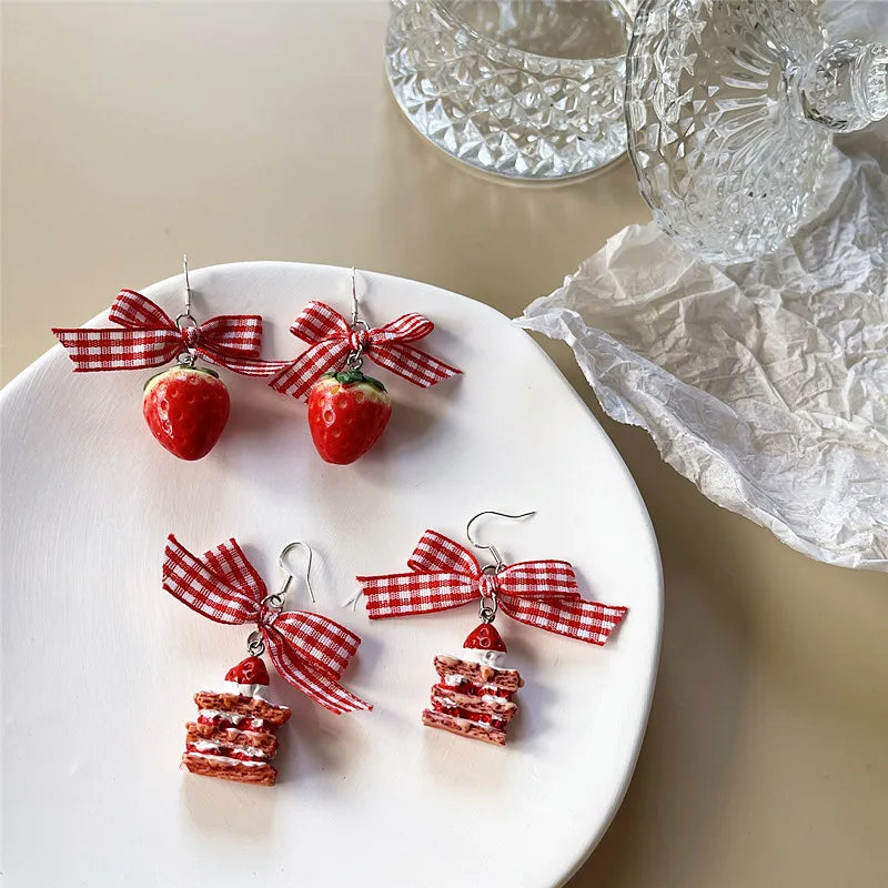Strawberry Ribbon Bowknot Drop Earrings – Sweet Little Bows We Adore