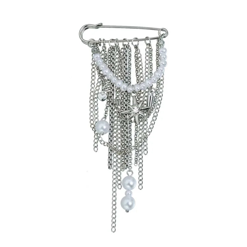 Silver-Tone Heart Tassel Brooch with Pearl & Star — A Sweet Little Treasure