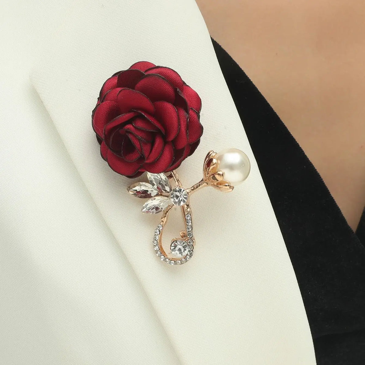 Red Rose Flower Brooch with Faux Pearl & Crystal — A Romantic Little Treasure