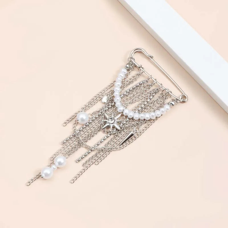 Silver-Tone Heart Tassel Brooch with Pearl & Star — A Sweet Little Treasure