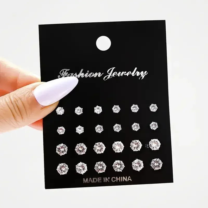 Zircon Stud Earring Set, 12 Pairs – A Dozen Little Sparkles for Every Day