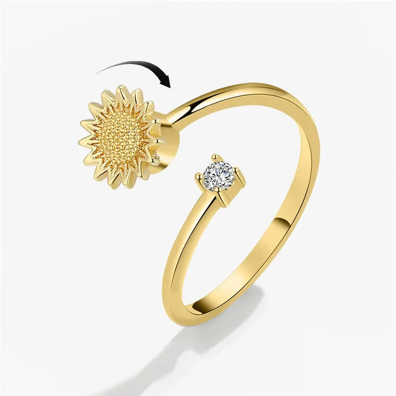 Sunflower Fidget Spinner Ring – Adjustable Crystal Flower Ring
