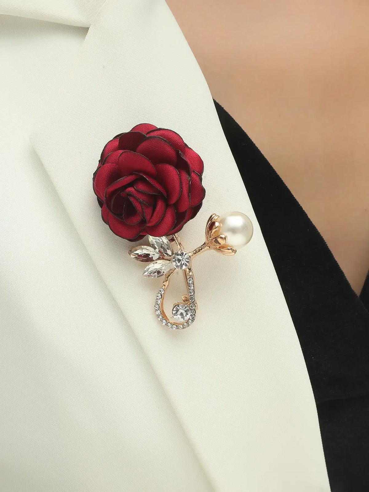 Red Rose Flower Brooch with Faux Pearl & Crystal — A Romantic Little Treasure