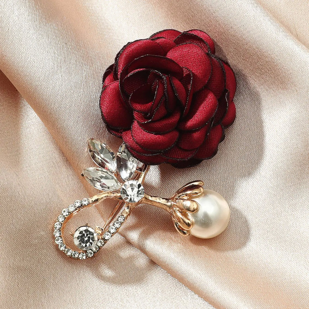 Red Rose Flower Brooch with Faux Pearl & Crystal — A Romantic Little Treasure