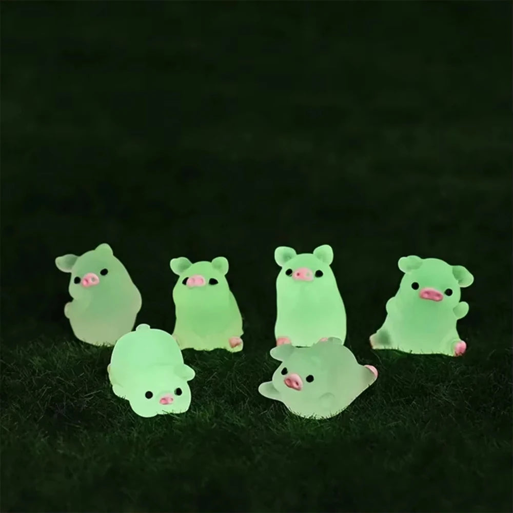 Glow-in-the-Dark Mini Pig Figurines, 6-Pack — A Whimsical Little Treasure