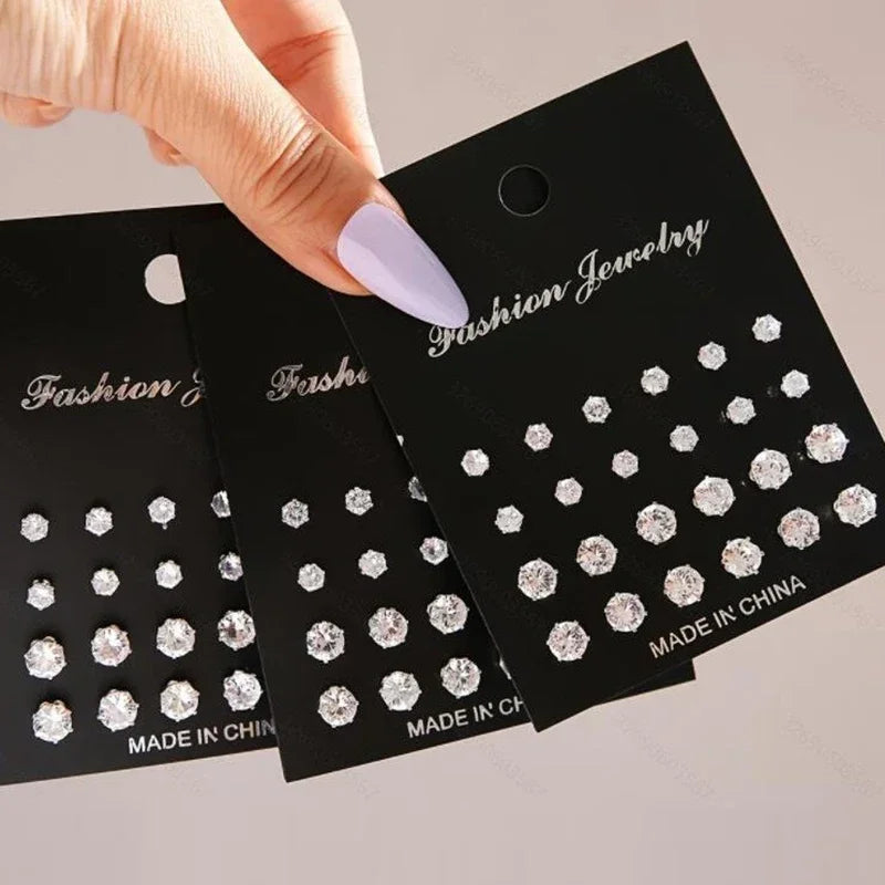 Zircon Stud Earring Set, 12 Pairs – A Dozen Little Sparkles for Every Day
