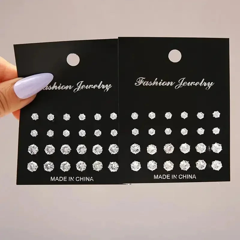 Zircon Stud Earring Set, 12 Pairs – A Dozen Little Sparkles for Every Day