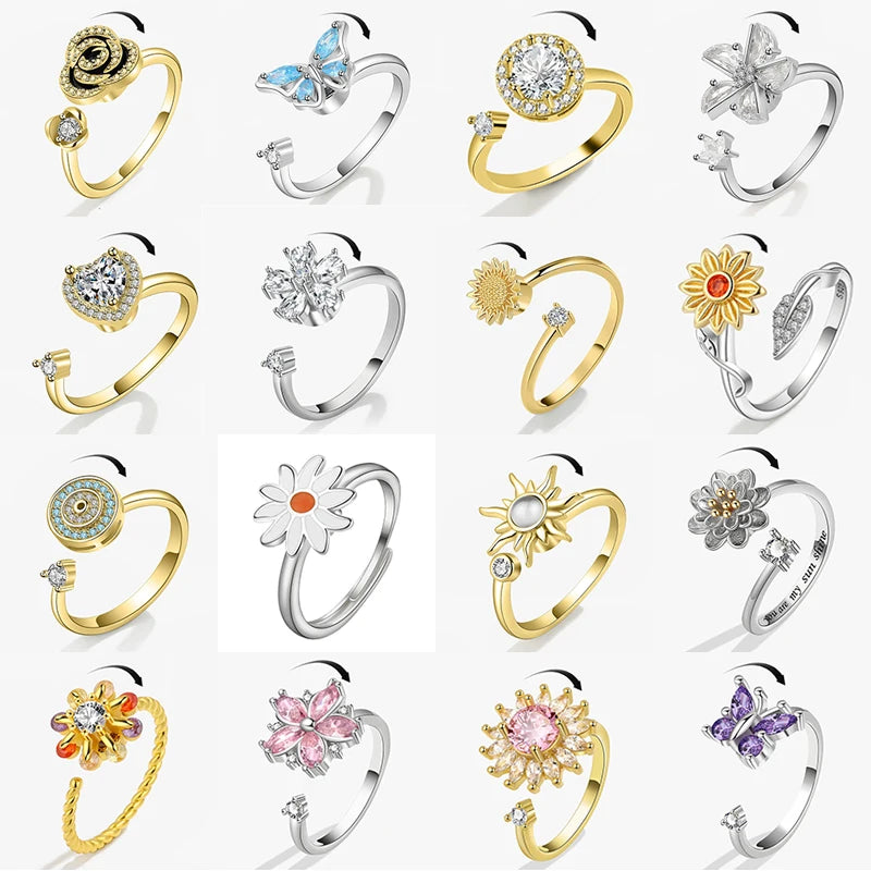 Sunflower Fidget Spinner Ring – Adjustable Crystal Flower Ring