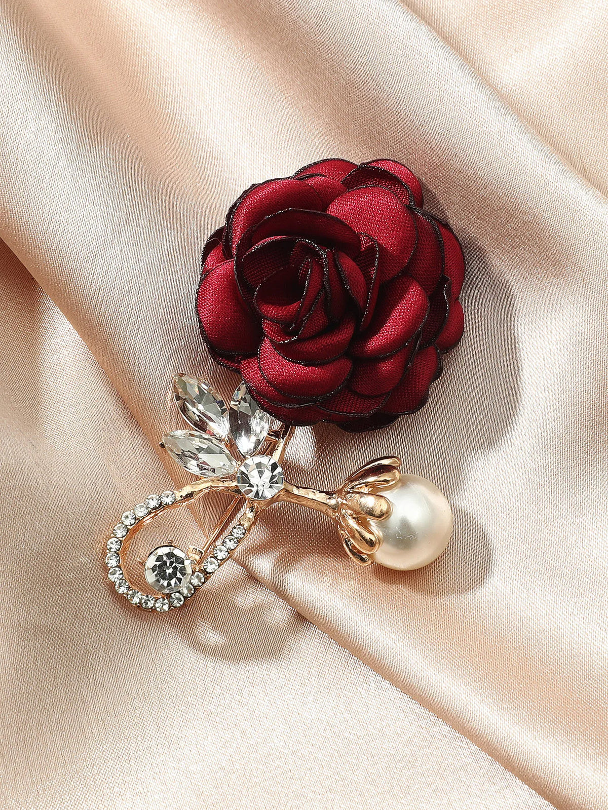 Red Rose Flower Brooch with Faux Pearl & Crystal — A Romantic Little Treasure