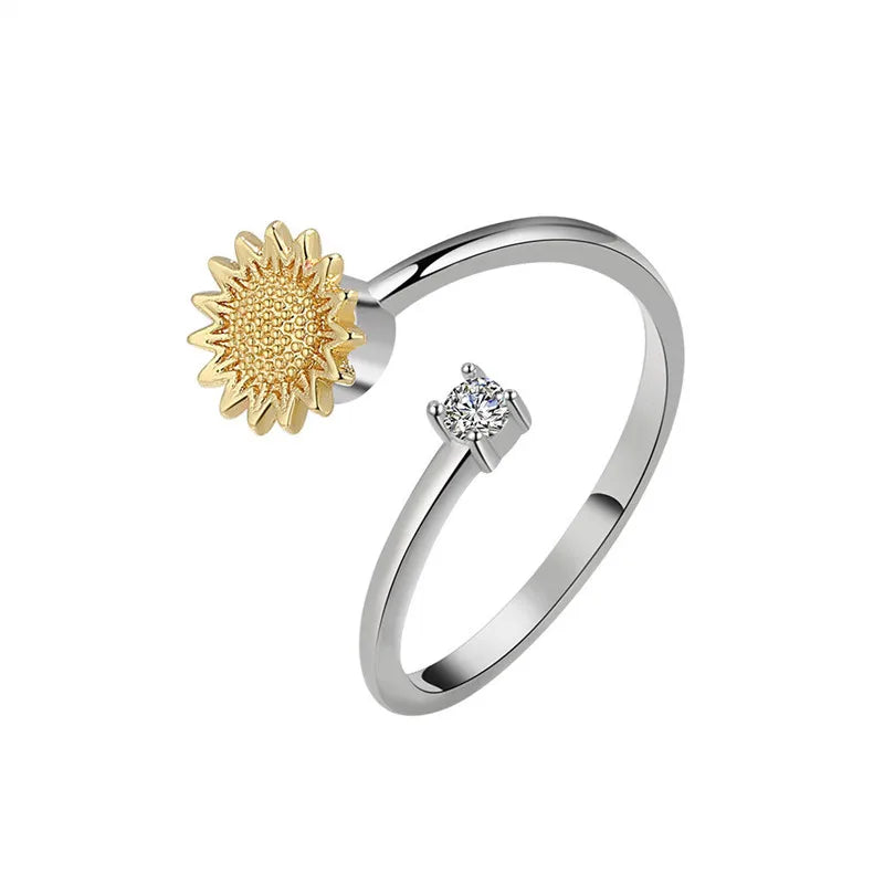 Sunflower Fidget Spinner Ring – Adjustable Crystal Flower Ring