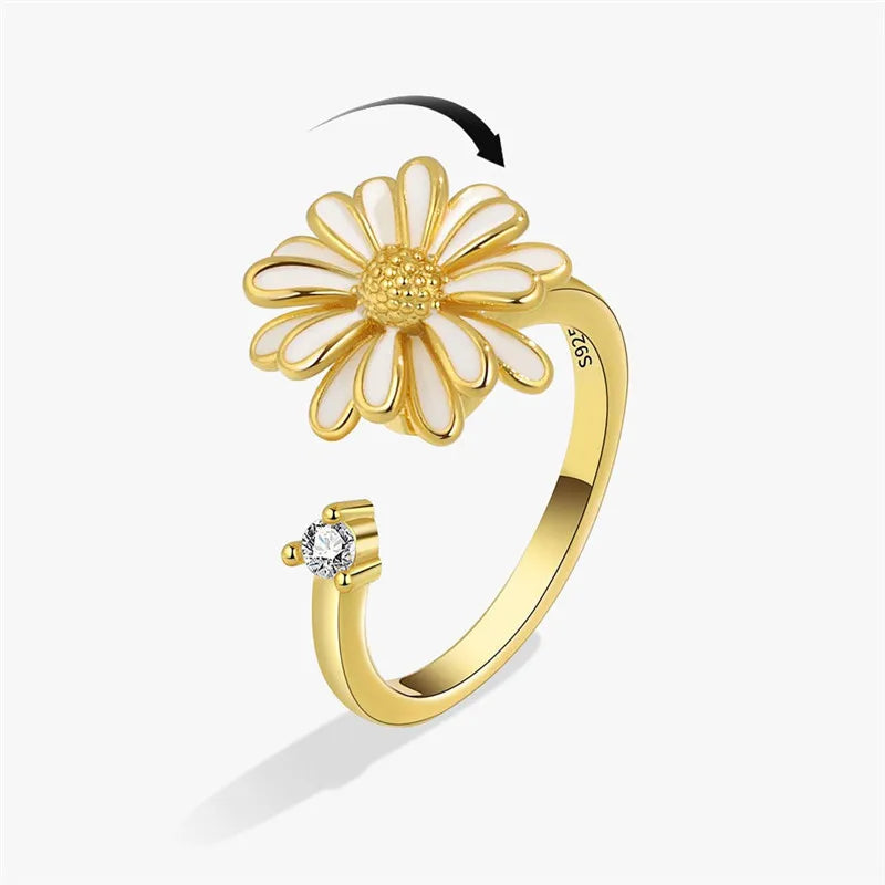 Sunflower Fidget Spinner Ring – Adjustable Crystal Flower Ring