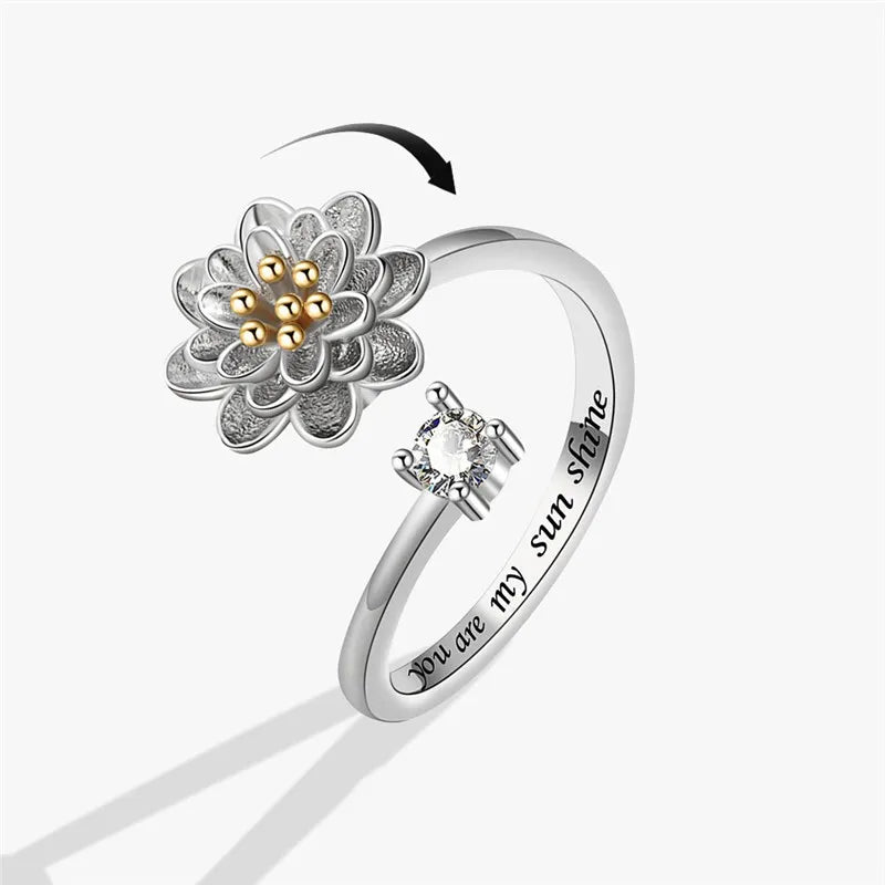 Sunflower Fidget Spinner Ring – Adjustable Crystal Flower Ring