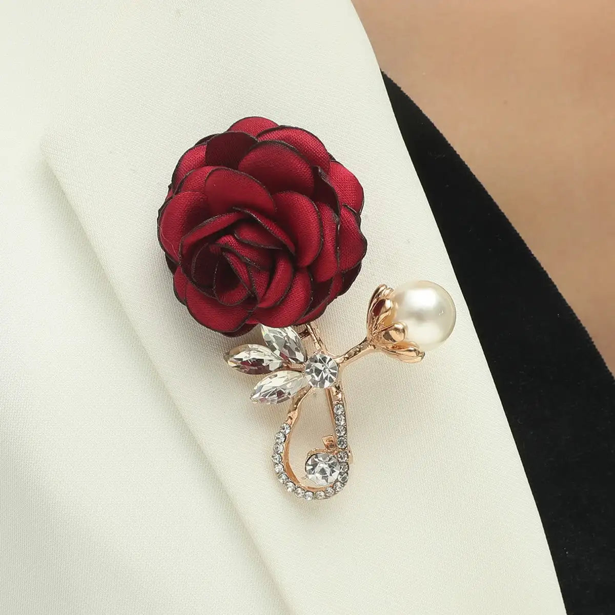 Red Rose Flower Brooch with Faux Pearl & Crystal — A Romantic Little Treasure